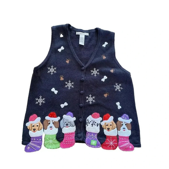 Vintage Womens Christmas Dog Stocking Sweater Vest 90s Size Large Embroidered - Picture 1 of 7